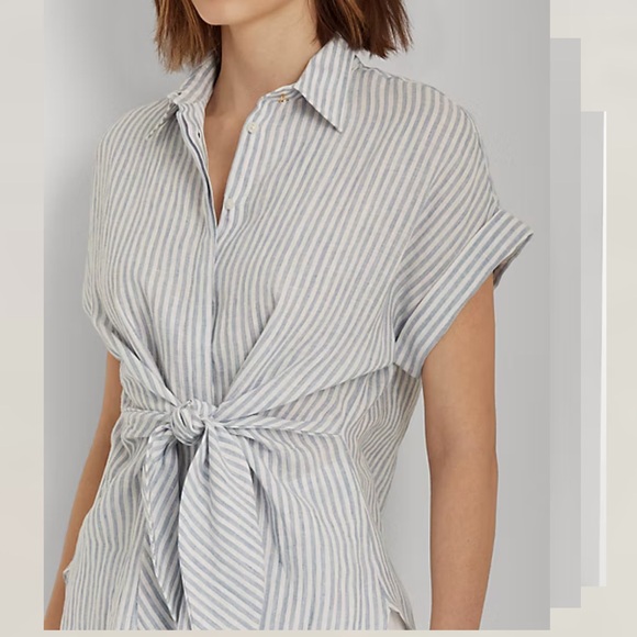Ralph Lauren Black Label Linen Striped Tie-Front Button Down Collar Shirt Medium - Picture 6 of 15